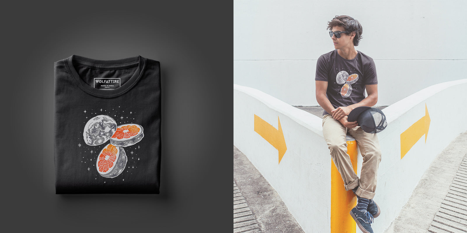 Black round neck t shirt sliced moon | Wolfattire