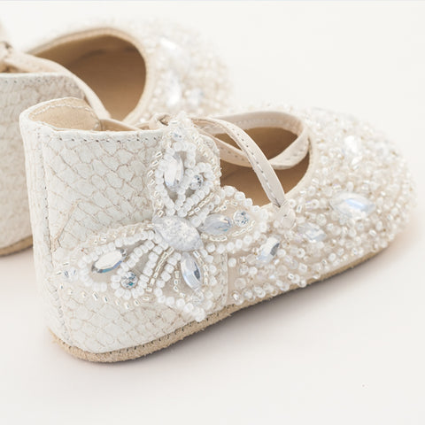 Vibys white pearl embroidered fish leather butterfly baby shoes