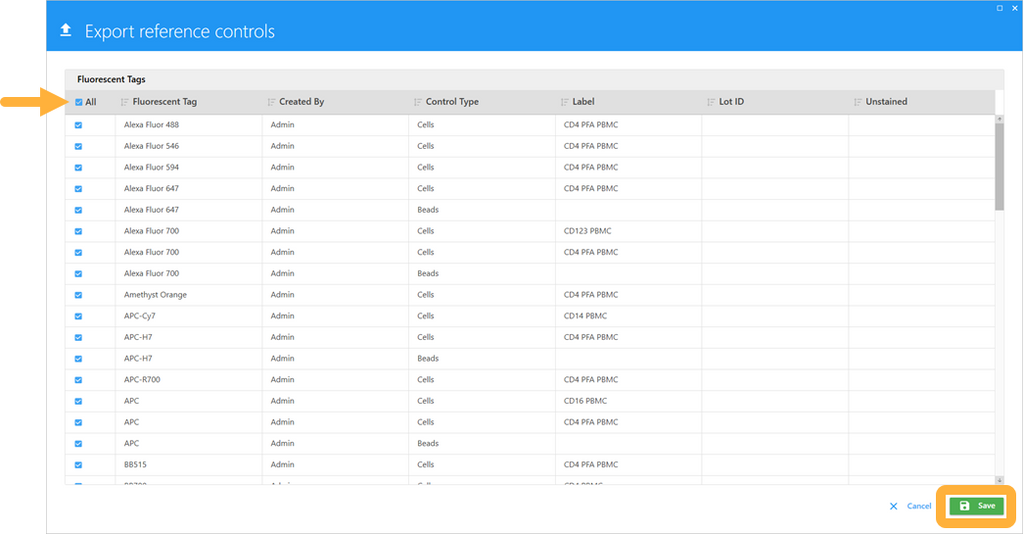 Select all reference controls and export from SpectroFlo