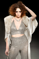 sexy styles fashion art toronto onesie halter pants silver shiny monikova fur glamour womens style local designer