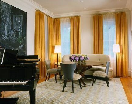 dramatic music room in Miami by Brown Davis Interiors, Inc double curtain rods