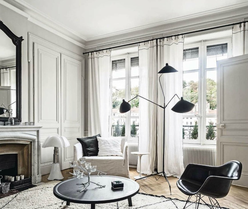 black and white scandinavian interior with matched curtain finishes