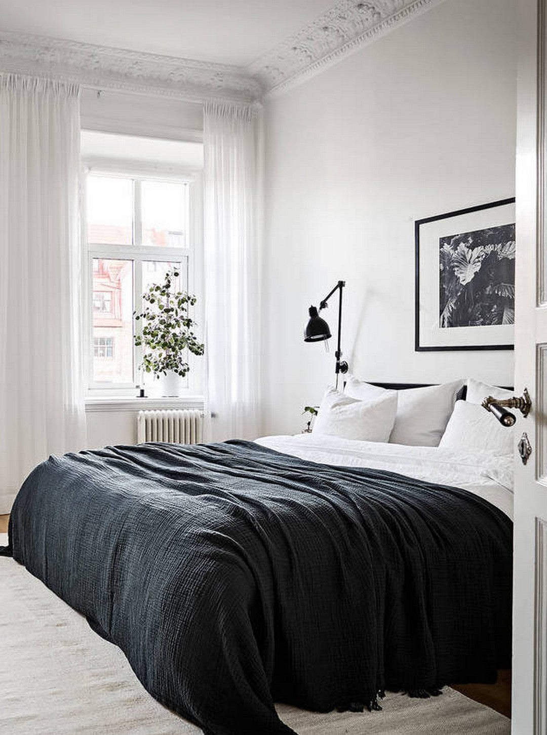 scandinavian bedroom with white light linen curtains