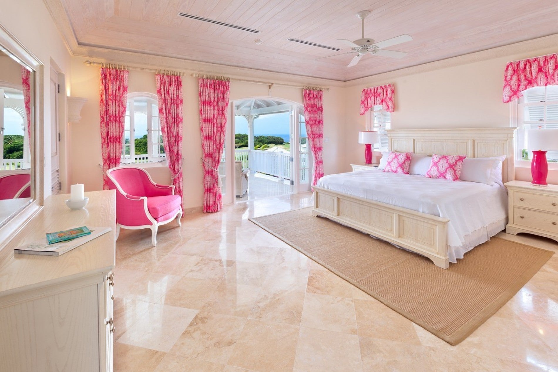 traditional bedroom with pink curtains and decor
