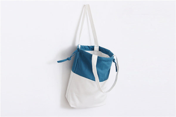 Teal & white cotton canvas drawstring totes bag shoulder bag