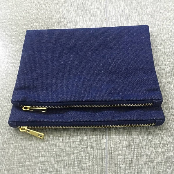blank denim cosmetic bag plain makeup bag clutch bag with gold metal zip closure