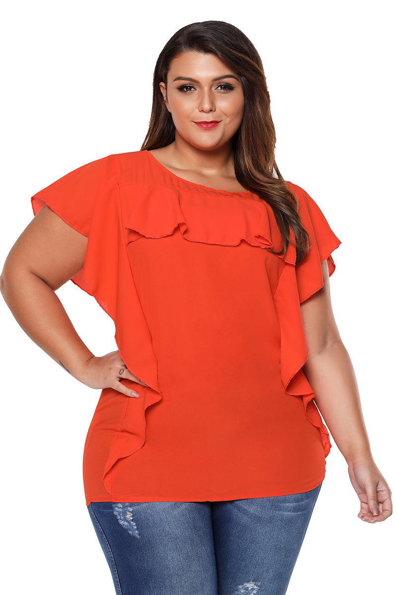 Sexy Orange Ruffled Detail Flutter Sleeves Plus Size Top Sexy Affordable Clothing