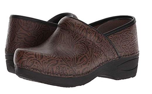 dansko brown tooled leather clogs