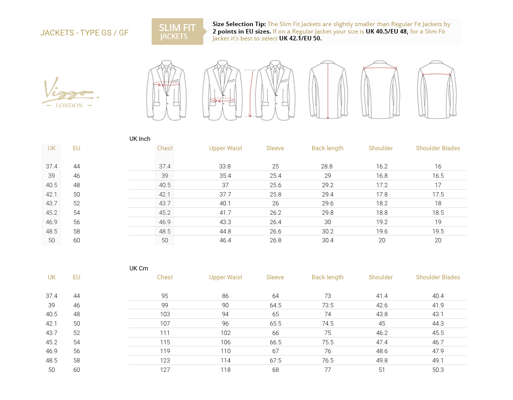 Size Guide for Jackets - Slim Fit