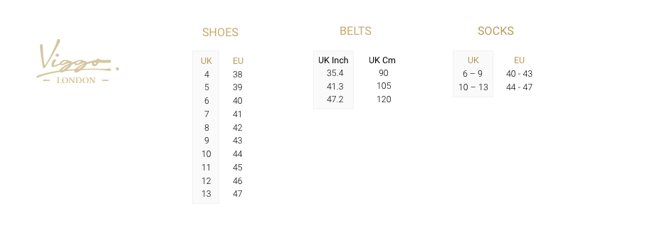 Size Guide for Socks Shoes Belts