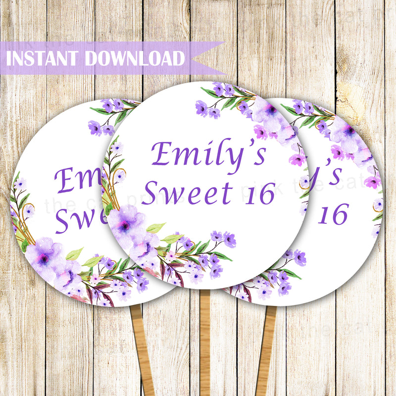 Floral Cupcake Toppers Birthday Sweet 16 Purple Printable – Pink The Cat