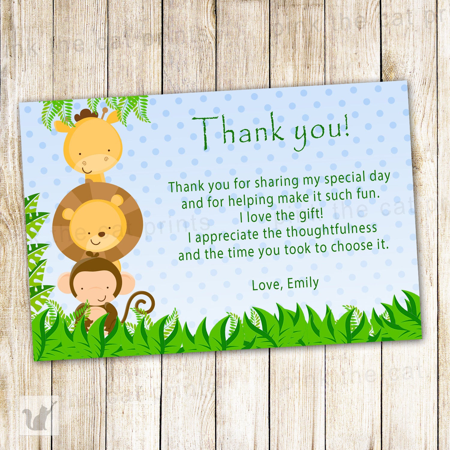 Jungle Thank Card Baby Shower Birthday Blue – Pink the Cat