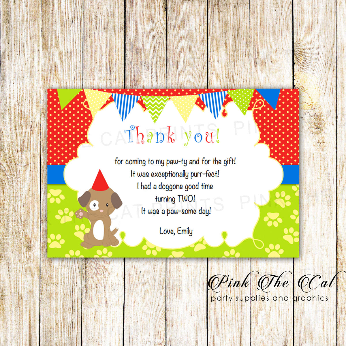 Puppy thank you card kids birthday red green blue printable – Pink ...