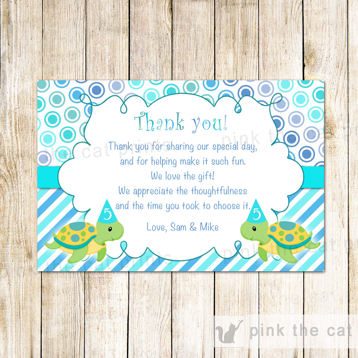 Turtle thank you card kids twins birthday joint party printable ...