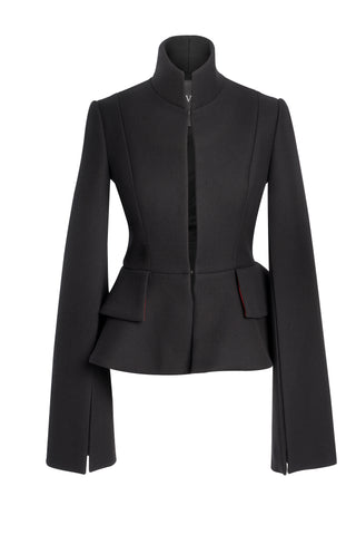 Black Wool Jacket With Double Ruffle On The Back