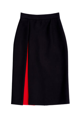 Black Wool Pencil Skirt With Red Pleat