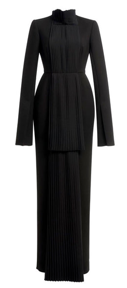 Black Long Wool Dress Pleated Front Details
