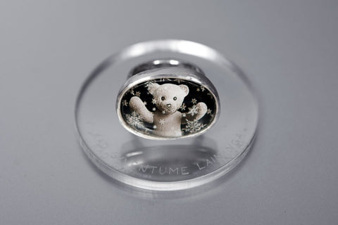 Teddy-bear’s silver ring with photo, rock crystal and Latin inscription around the ring "To live happily"