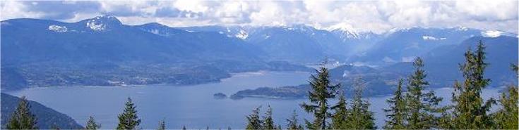 Scenic mountain top view of Bowen Island mountains and ocean 