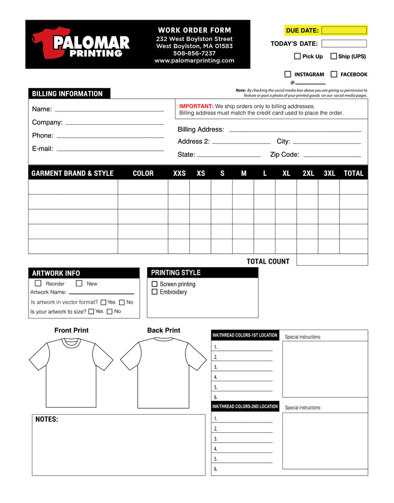 Palomar Printing order form