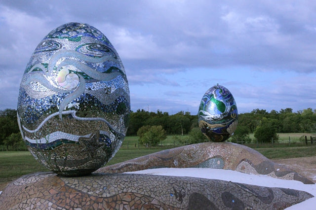 “Ocean(egg)raphy” by Dianne Sonnenberg - 600 square foot sculptural mosaic installation.  Two 6’ eggs on boomerang shaped bases grace a ranch setting outside Austin, Texas. Winner of the 2010 Mosaic Arts International Best Architectural Mosaic award.