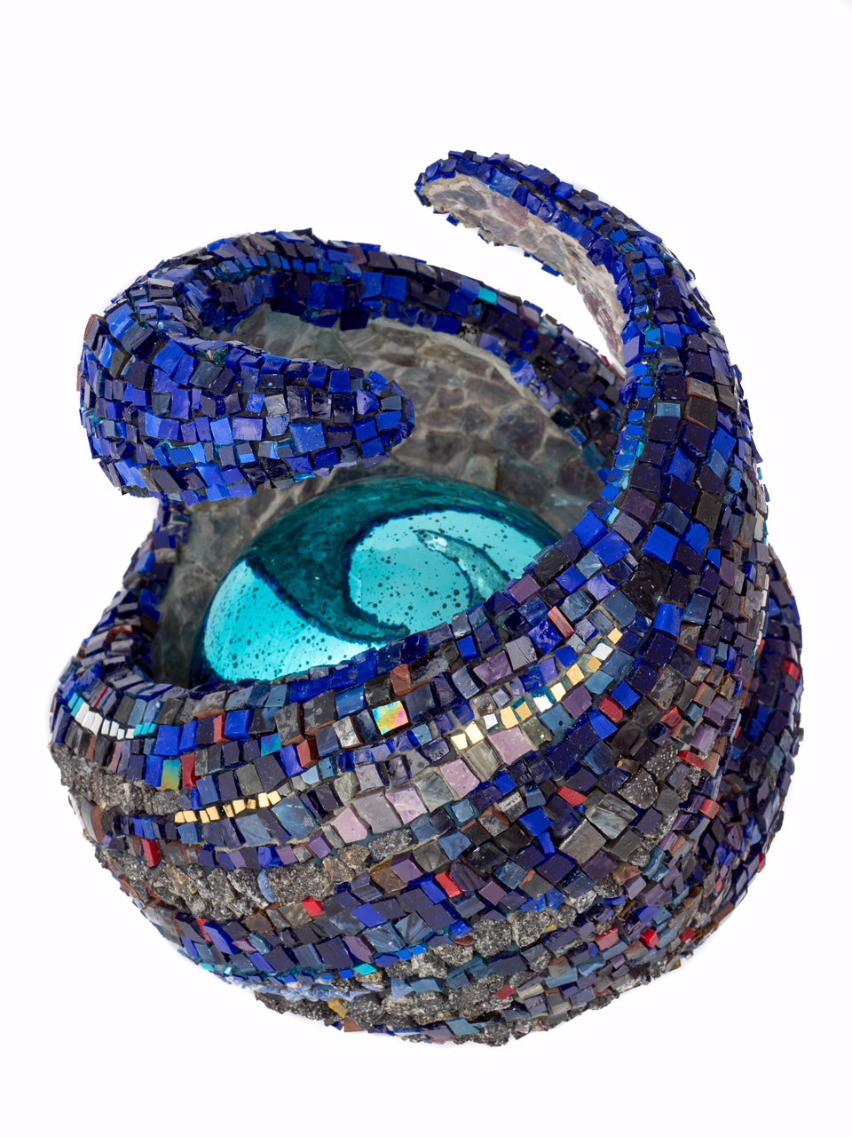 “Embrace” 8” by Dianne Sonnenberg - sculptural mosaic.  Smalti, granite, semiprecious stone, 24K gold, and an illuminated glass sphere create this very personal piece exploring the preciousness and fragility of an embrace.