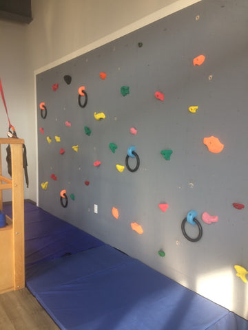 Climbing Wall at Orange Pediatric Therapy with new hand holds