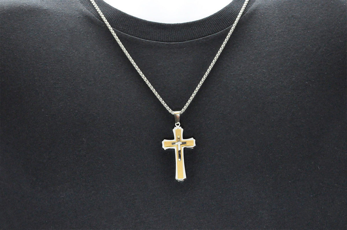 Mens Gold Plated Steel Cross Pendant Necklace
