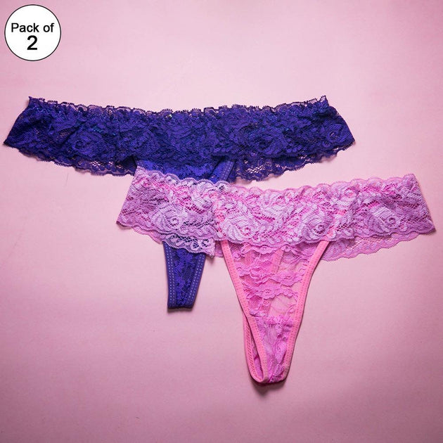 Pack of 2 - Women's Sexy Intimate Lace Thong Panty Extreme Look - Purp...