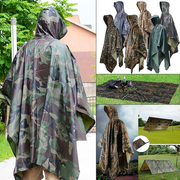Waterproof Army Hooded Ripstop Festival Rain Poncho Military Camping Outdoor GS1