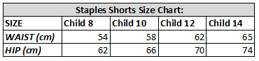 GMD Activewear staples range shorts size chart