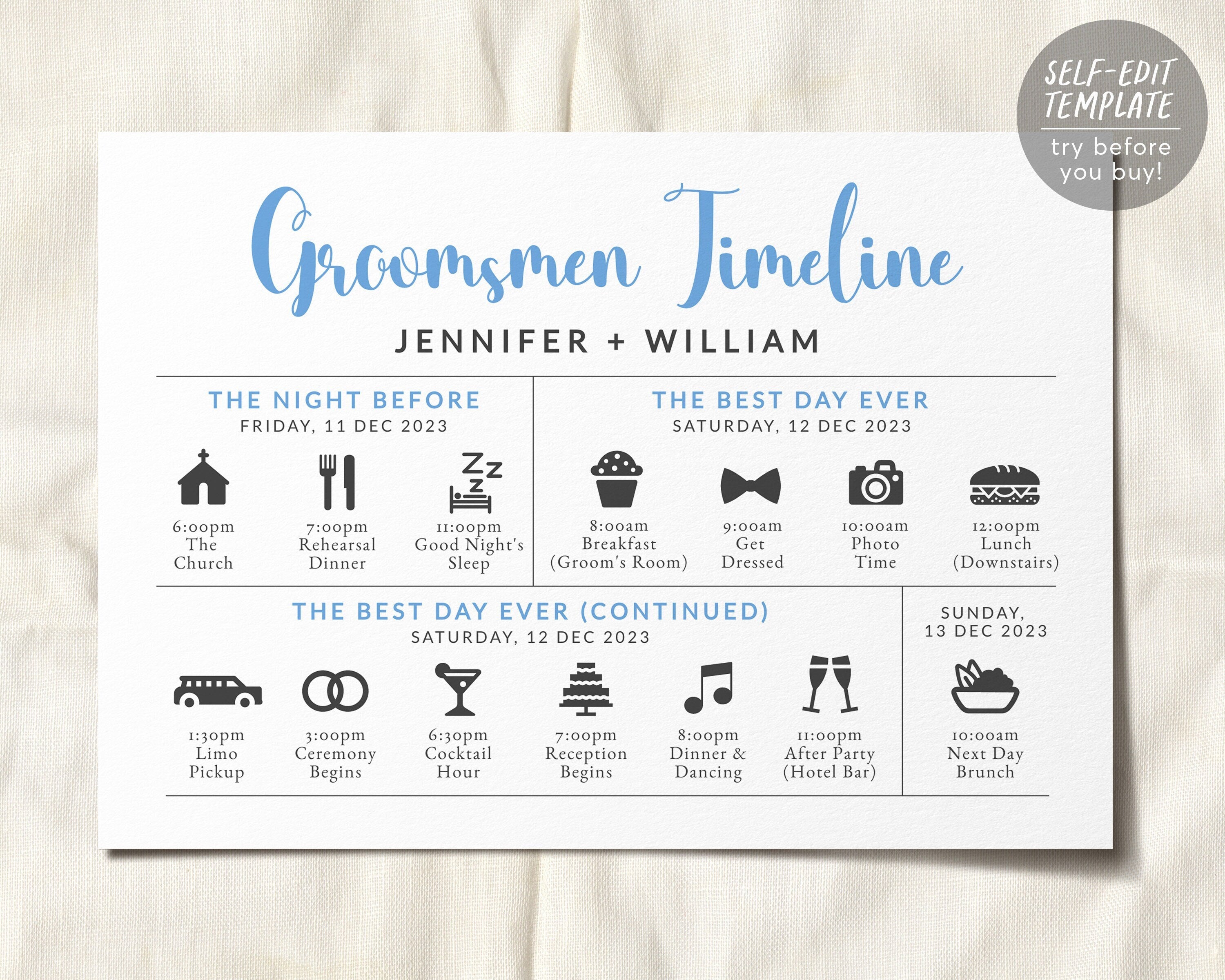 Editable Wedding Day Timeline Groomsmen Itinerary Template, Wedding We