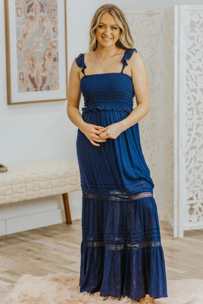 GO ON LIVING SMOCKING BODICE MAXI DRESS IN NAVY