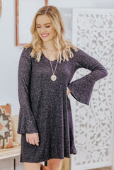 LOVE ME WHEN I'M GONE BELL SLEEVE DRESS CUT OUT SHOULDER DETAIL IN MIDNIGHT BLACK