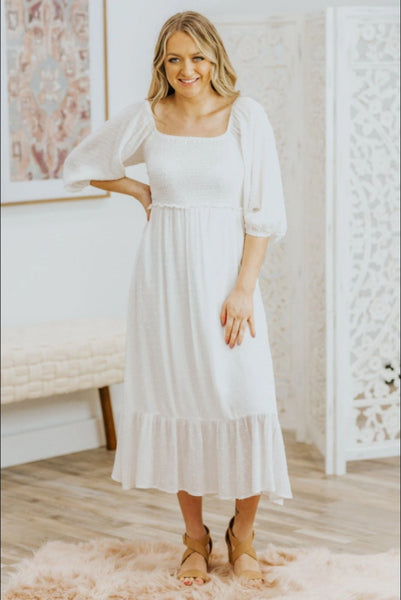 THE CIRCUS I CALL LIFE SWISS DOT SMOCKING 3/4 PUFF SLEEVE DRESS IN OFF WHITE