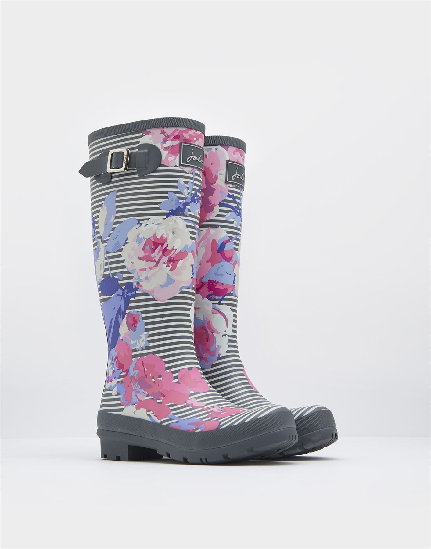 Joules Grey Striped Floral Rain Boots