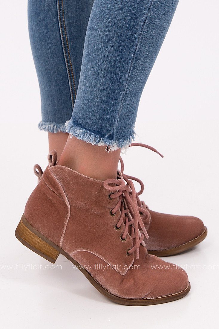 Maddian Velvet Lace Up Bootie in Blush