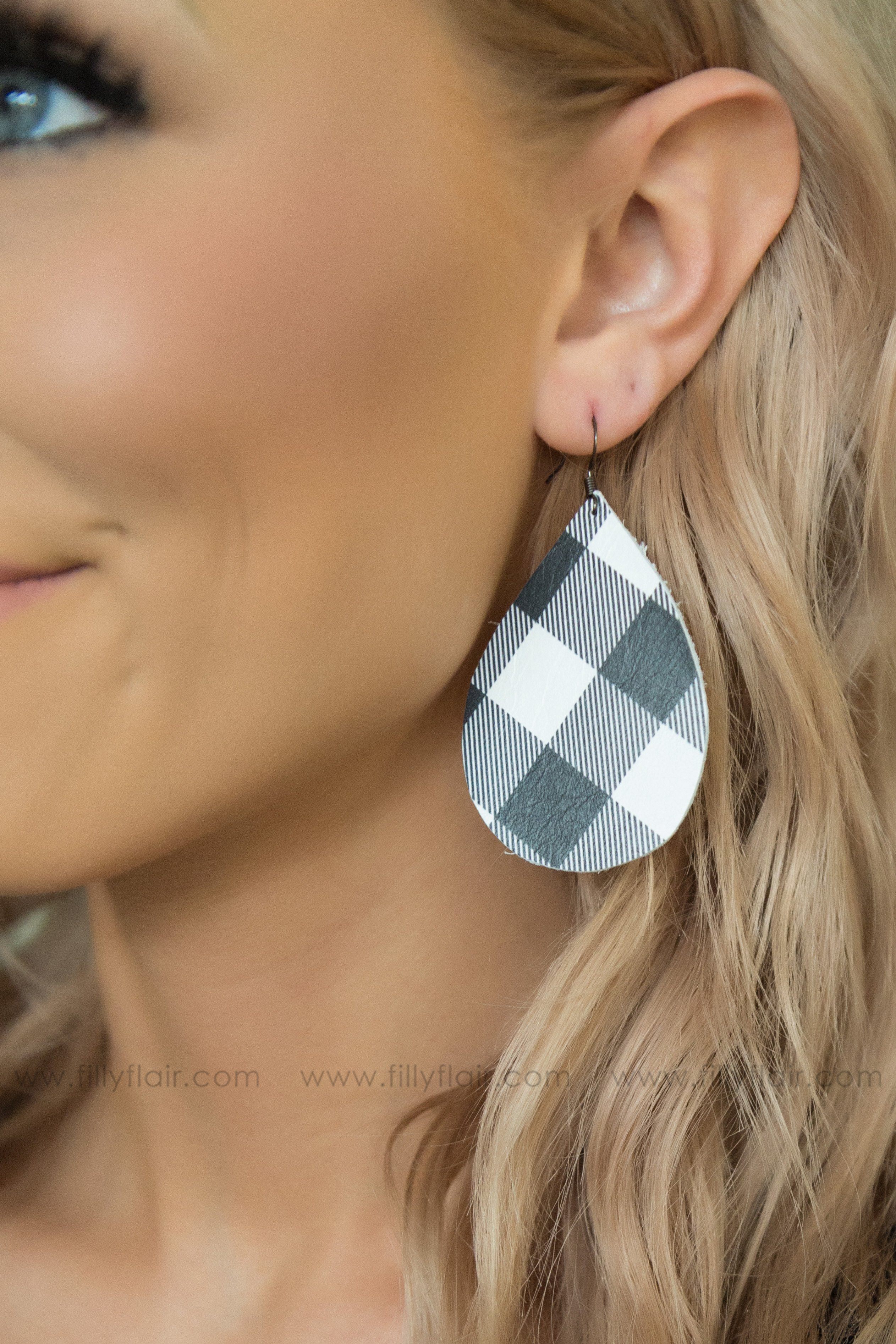 White and Black Buffalo Plaid Teardrop Leather Earrings