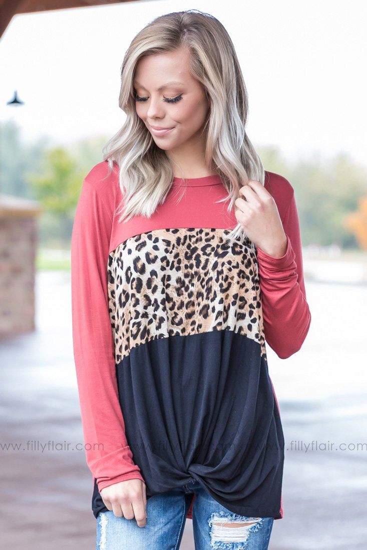 Just Like You Color Block Leopard Knotted Top in Marsala