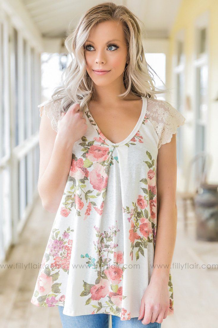 Everyone Can See Floral Lace V Neck Top In Ivory
