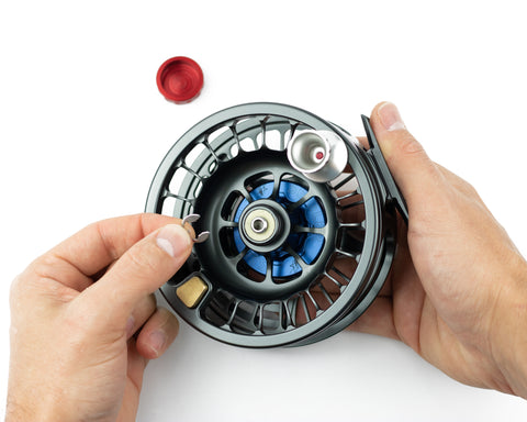 Removing the E-clip off the seigler fly reel.