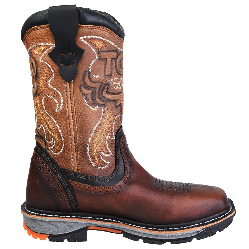 Men's Work Boots - Steel Toe & 3-Layer Sole - Brown Work Boots - Toro Bravo - Pull On Work Boots - Brown Wellington Work Boots
