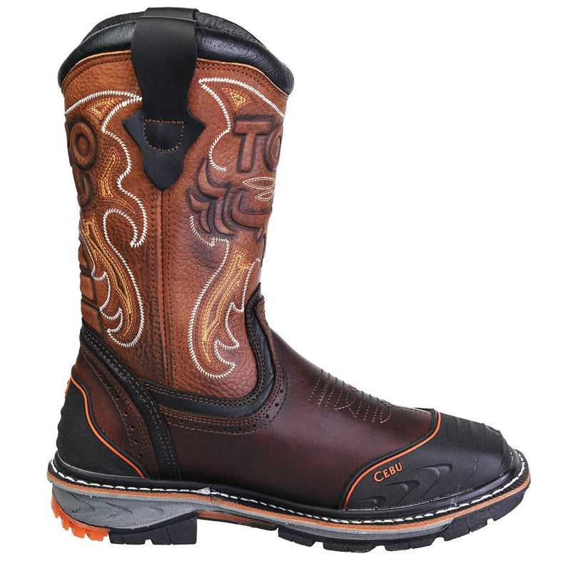 Men's Work Boots - 3-Layer Sole & Rubber Shield - Brown Work Boots - Toro Bravo - Pull On Work Boots - Brown Wellington Work Boots