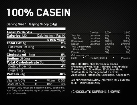 Optimum 100% Casein Supplement Facts
