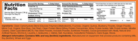 Rivalus Clean Gainer 10lbs Supplement Facts