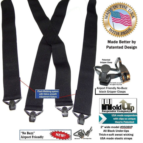 Holdup Brand Hidden 2" wide Black undergarment soft X-back suspenders with Jumbo Gripper Clasps