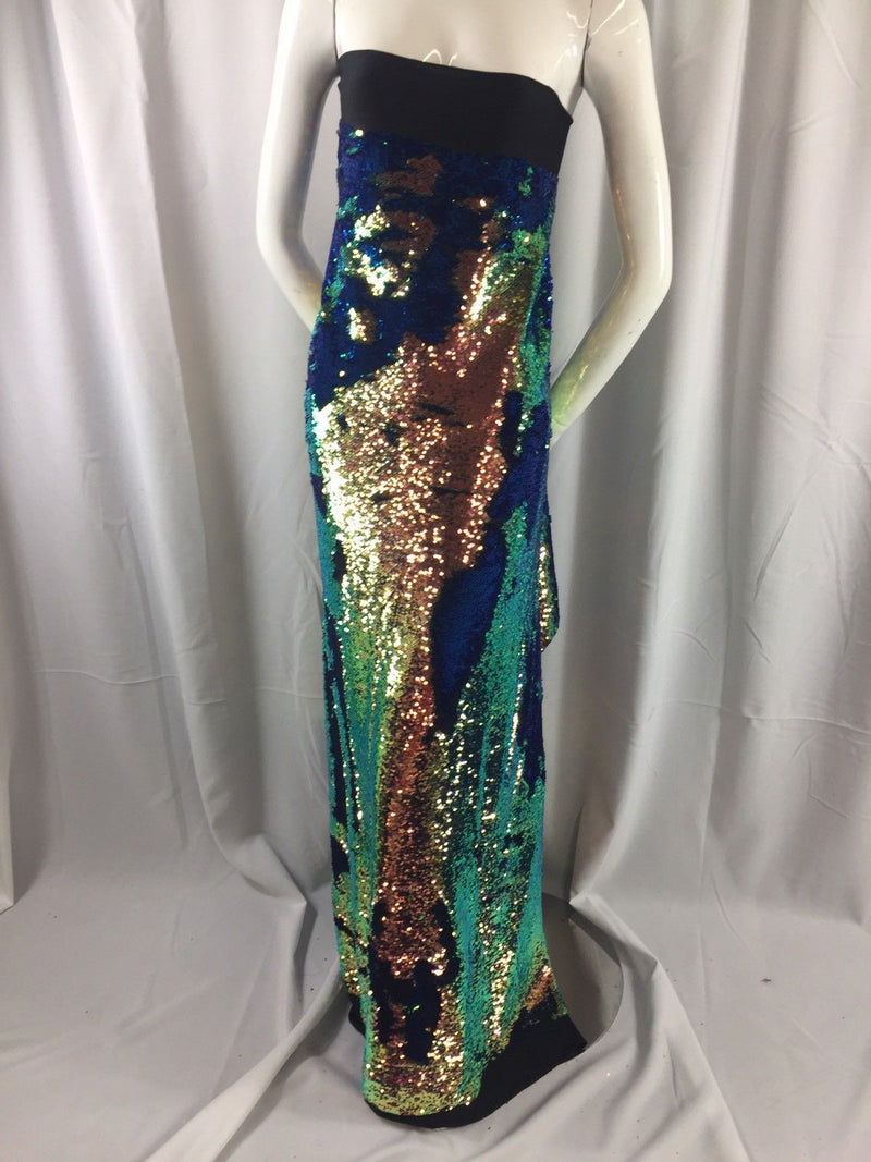 Mermaid Sequins Fabric IRIDESCENT Reversible 2 Way Stretch Royal Shiny Flip Up Sequins By The Yard
