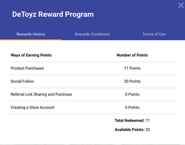 DeToyz Reward Program - Reward History