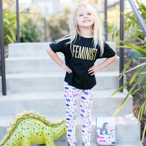 Rachel Pitzel, mom blogger and Instagram fashion influencer star, daughter kids children in Smarty Girl toddler girls leggings science STEM clothing clothes