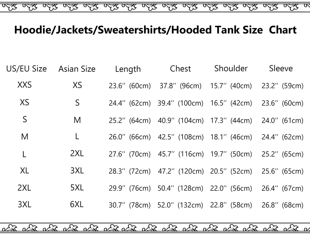 Hoodies size chart